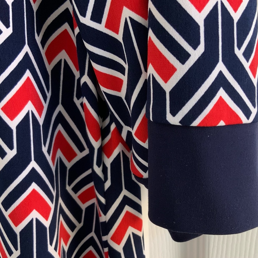 Liz Claiborne Dress XL Midi, Red White Blue Geometric Design, 3/4 Sleeves. - Picture 6 of 9